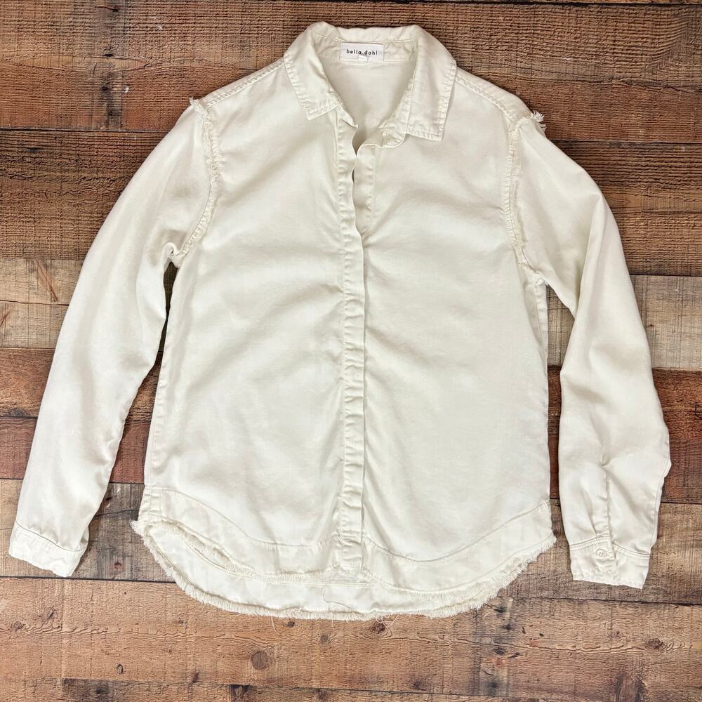 Bella Dahl Button Up Shirt Women’s Sz S Frayed Hem Ivory Cream Oversized LS